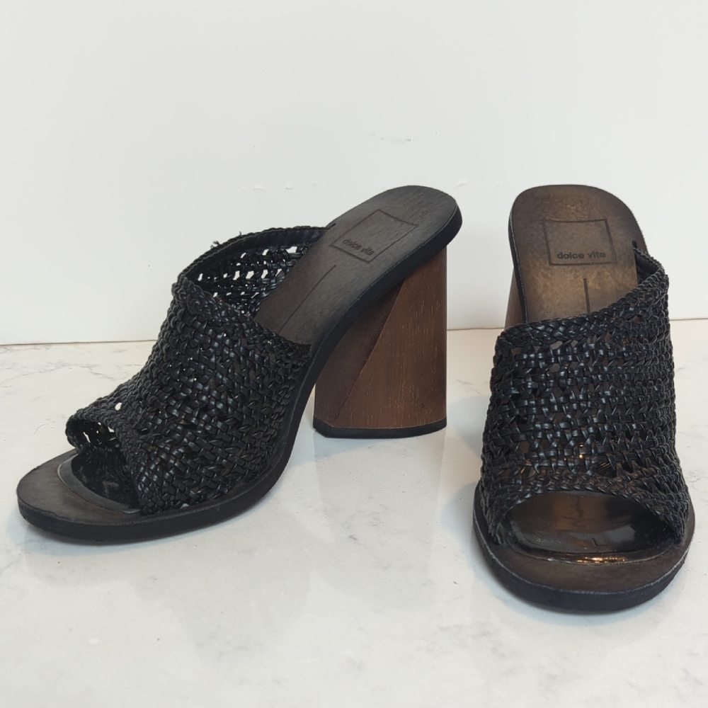 Dolce Vita Black Woven Mules with Wooden Heel